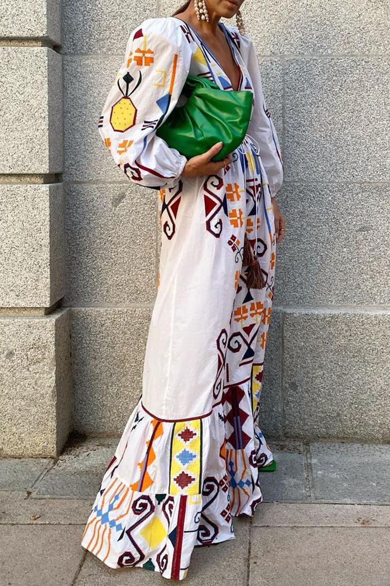 Geometric Print Deep V-Neck Puff Sleeve Drawstring Tiered Maxi Dress