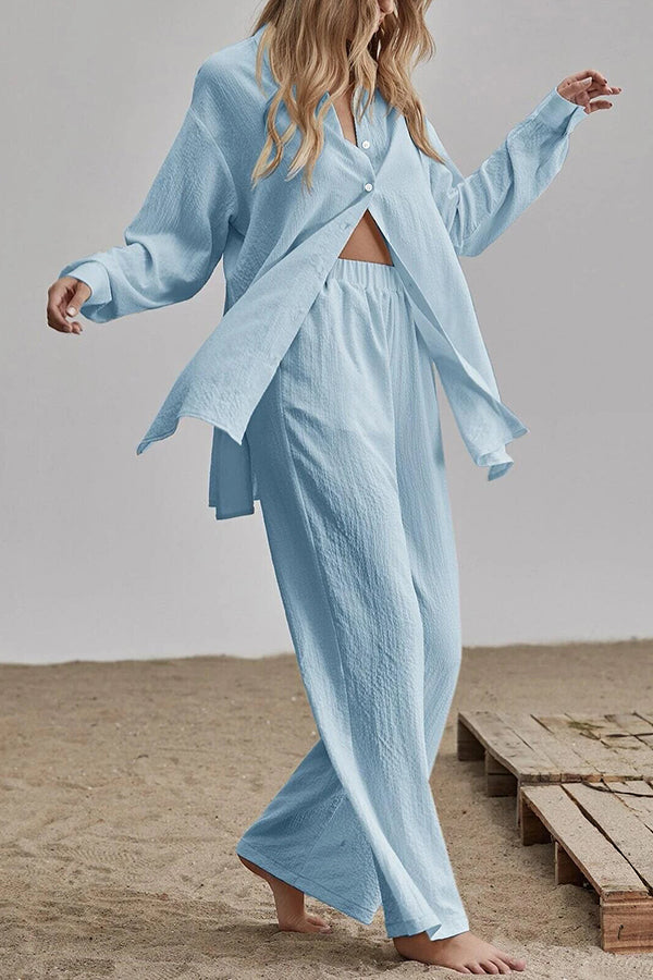 Button Blouse Wide Leg Pants Set