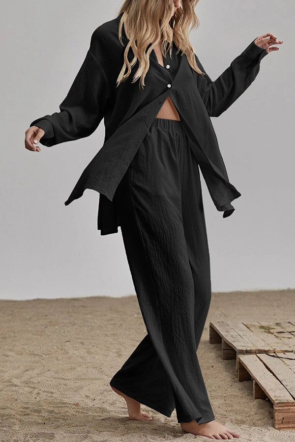Button Blouse Wide Leg Pants Set