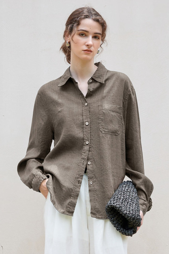 Linen Look Collared Long Sleeve Chest Pocket Button Front Shirt 5