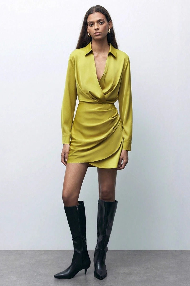 Ruched Satin Versatile Mini Silk Dress - View 2