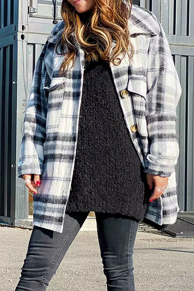 Plaid Lapel Hem Slit Loose Coat