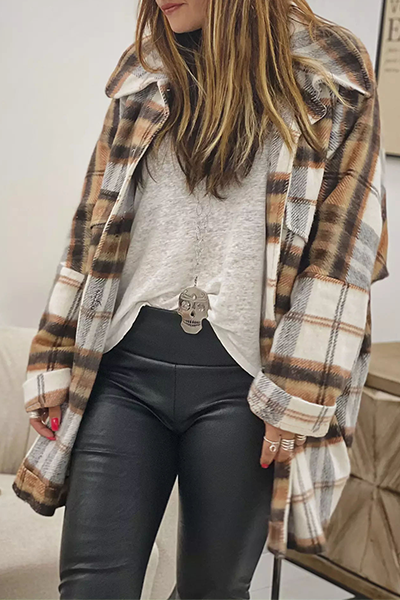 Plaid Lapel Hem Slit Loose Coat
