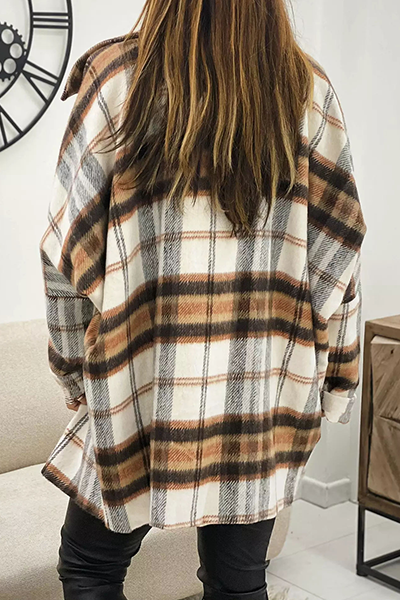 Plaid Lapel Hem Slit Loose Coat