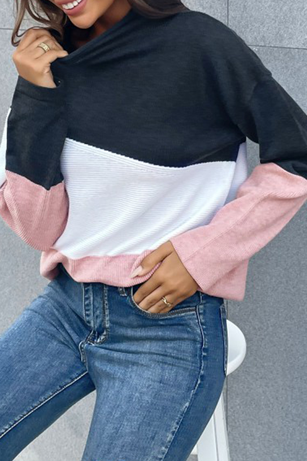 Casual Color Lump Split Joint Contrast Half A Turtleneck Tops