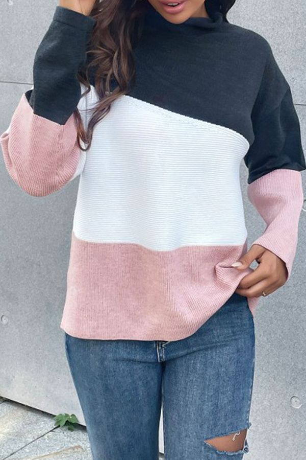 Casual Color Lump Split Joint Contrast Half A Turtleneck Tops