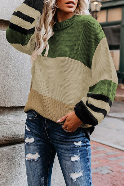 Casual Striped Split Joint Contrast O Neck Tops Sweater