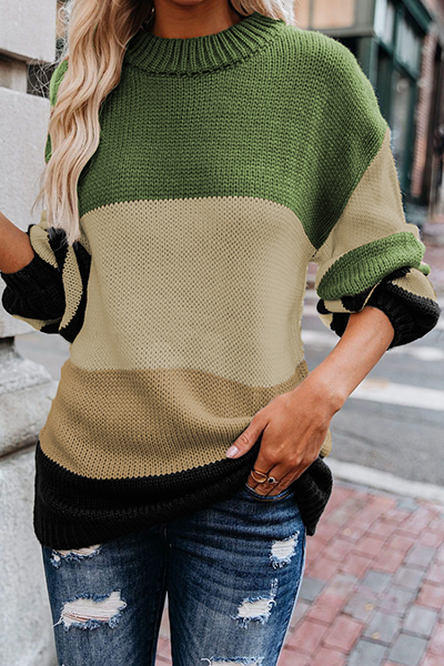 Casual Striped Split Joint Contrast O Neck Tops Sweater