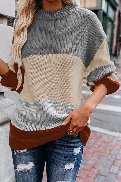Casual Striped Split Joint Contrast O Neck Tops Sweater