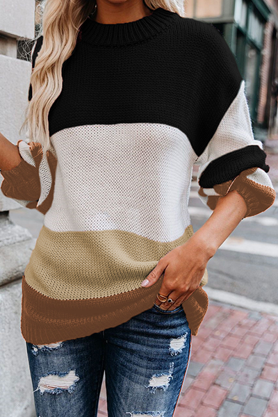 Casual Striped Split Joint Contrast O Neck Tops Sweater