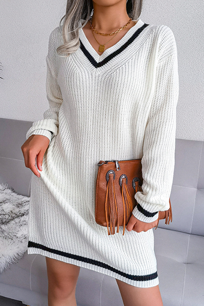 Casual Striped Split Joint Contrast V Neck A Line Dresses Sweater (Without Belt)
