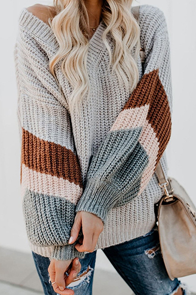 Casual Striped Split Joint Contrast V Neck Tops Sweater