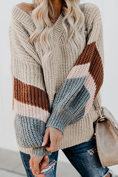 Casual Striped Split Joint Contrast V Neck Tops Sweater