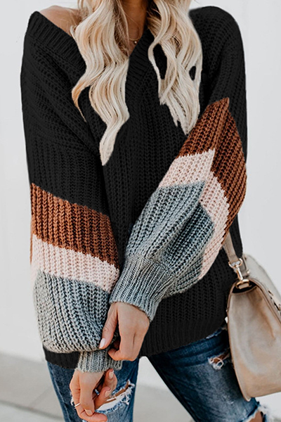Casual Striped Split Joint Contrast V Neck Tops Sweater