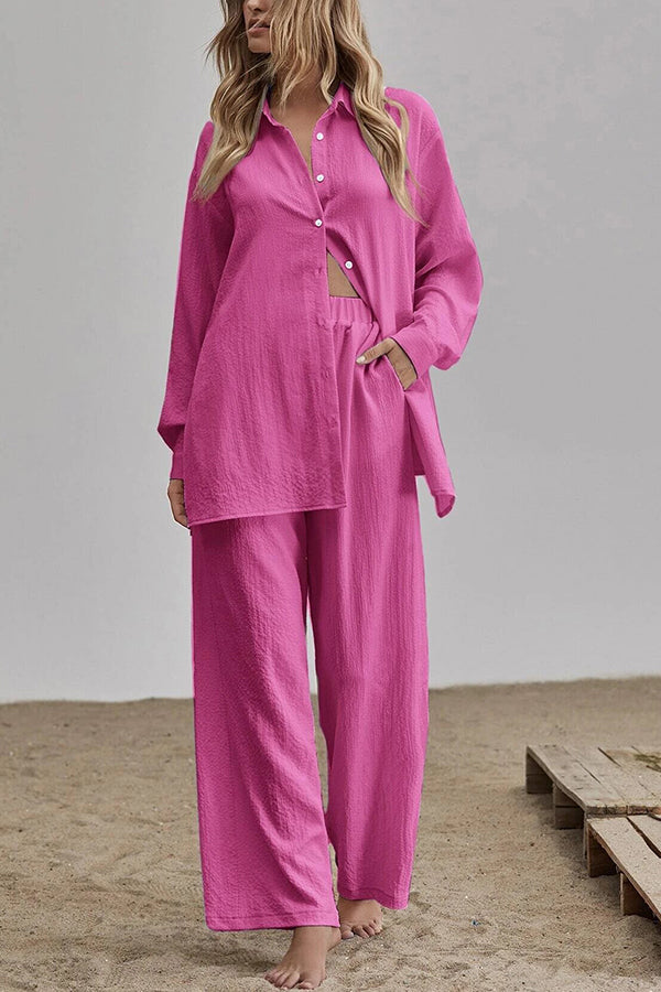 Button Blouse Wide Leg Pants Set