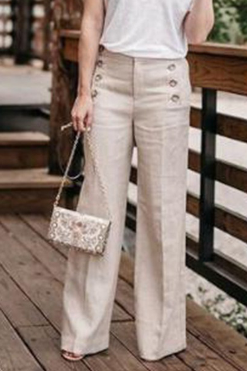Casual Solid Buckle Straight High Waist Wide Leg Solid Color Bottoms(5 Colors)