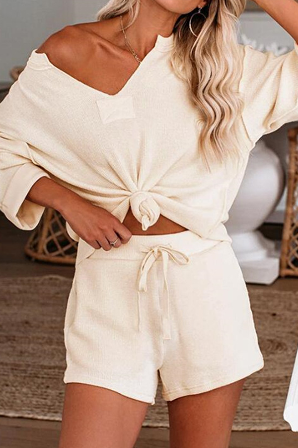 Casual Solid Patchwork Draw String V Neck Long Sleeve Two Pieces