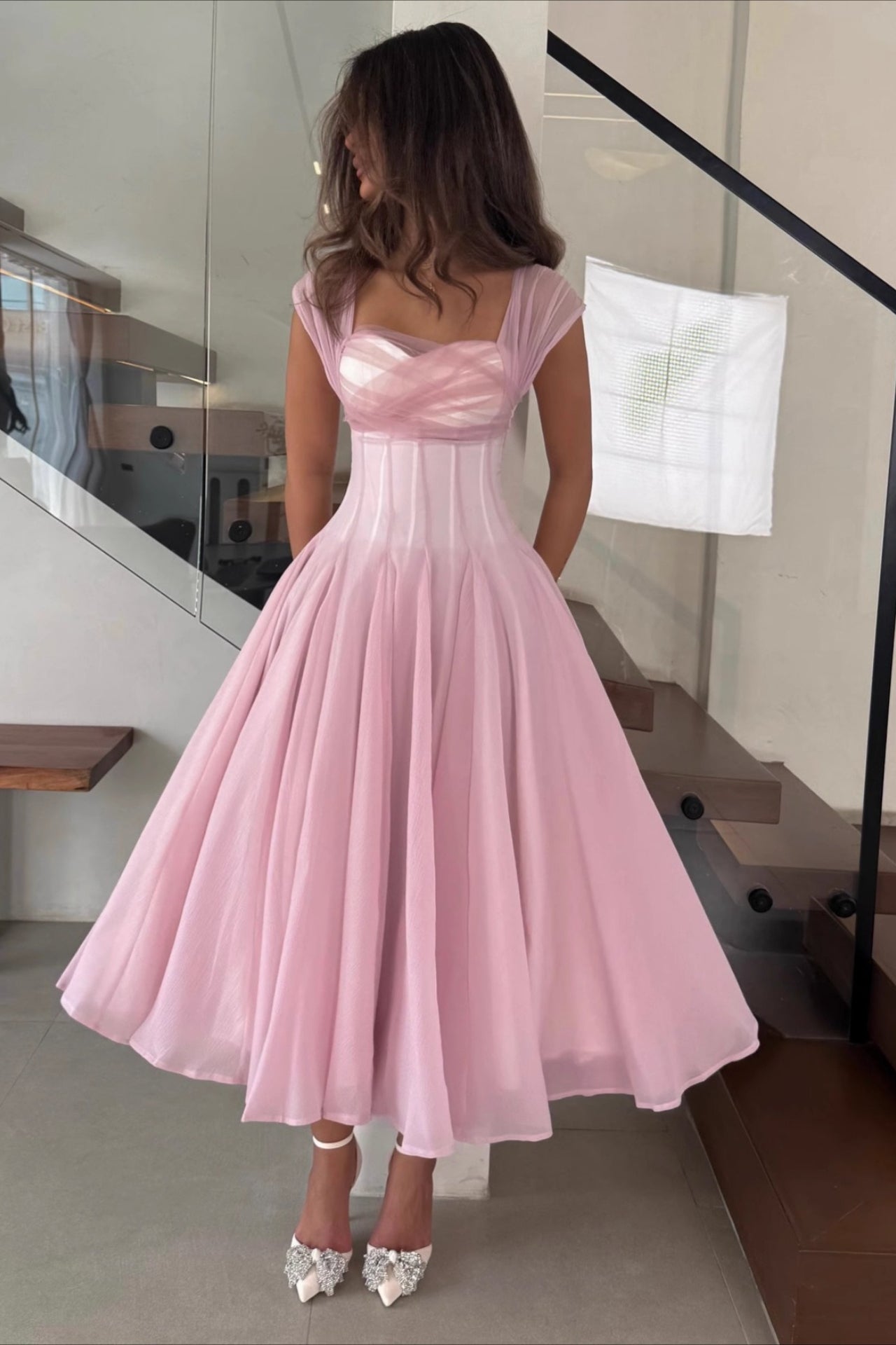 Cap Sleeve Sweetheart Corset Organza A-Line Midi Prom Dress