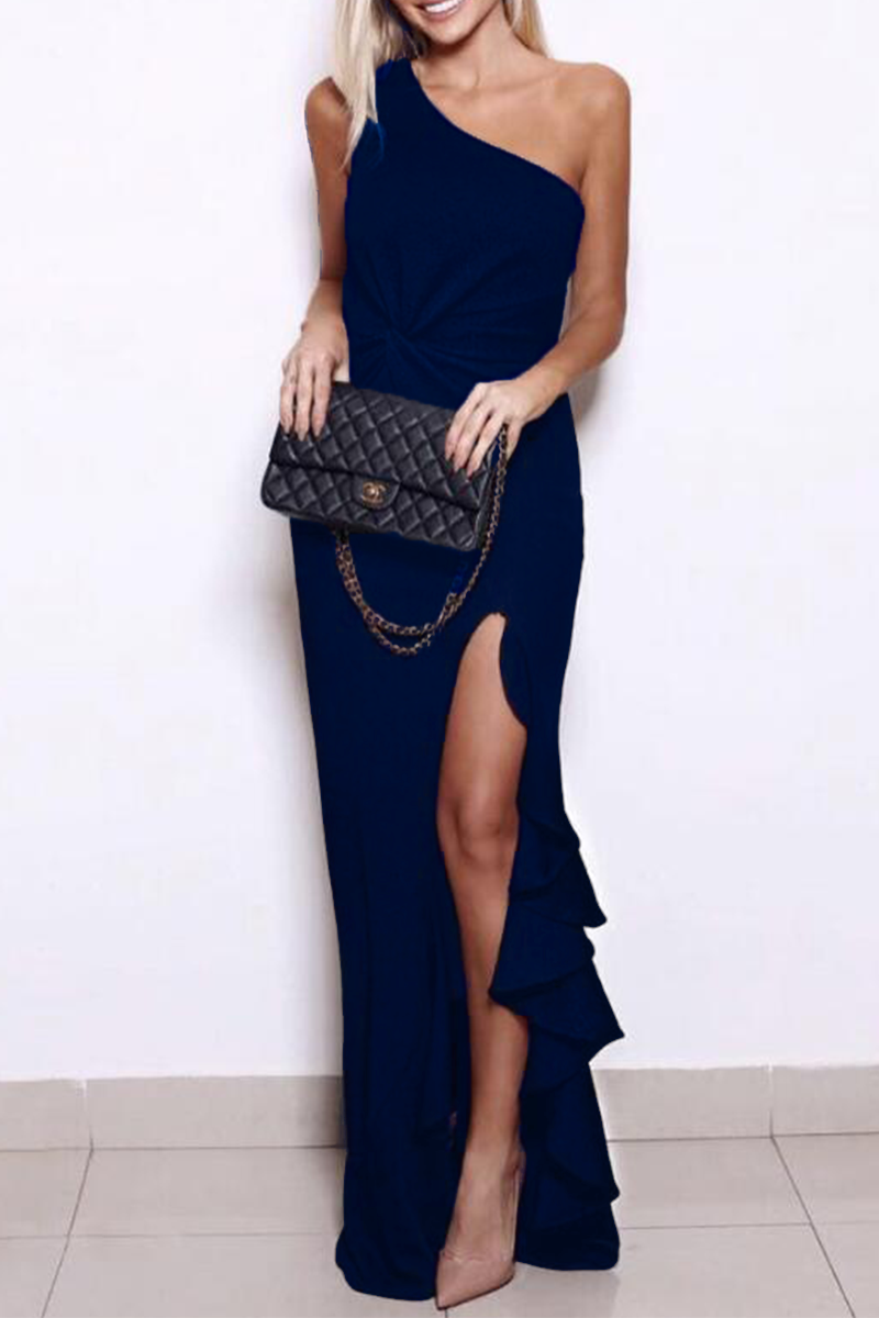 One Shoulder Twist Waist Ruffle High Split Bodycon Maxi Gown