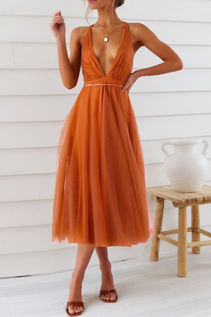 Thalia Exclusive Casual Solid Mesh V Neck Cake Skirt Dresses (4 Colors) Chic Silhouette Collection
