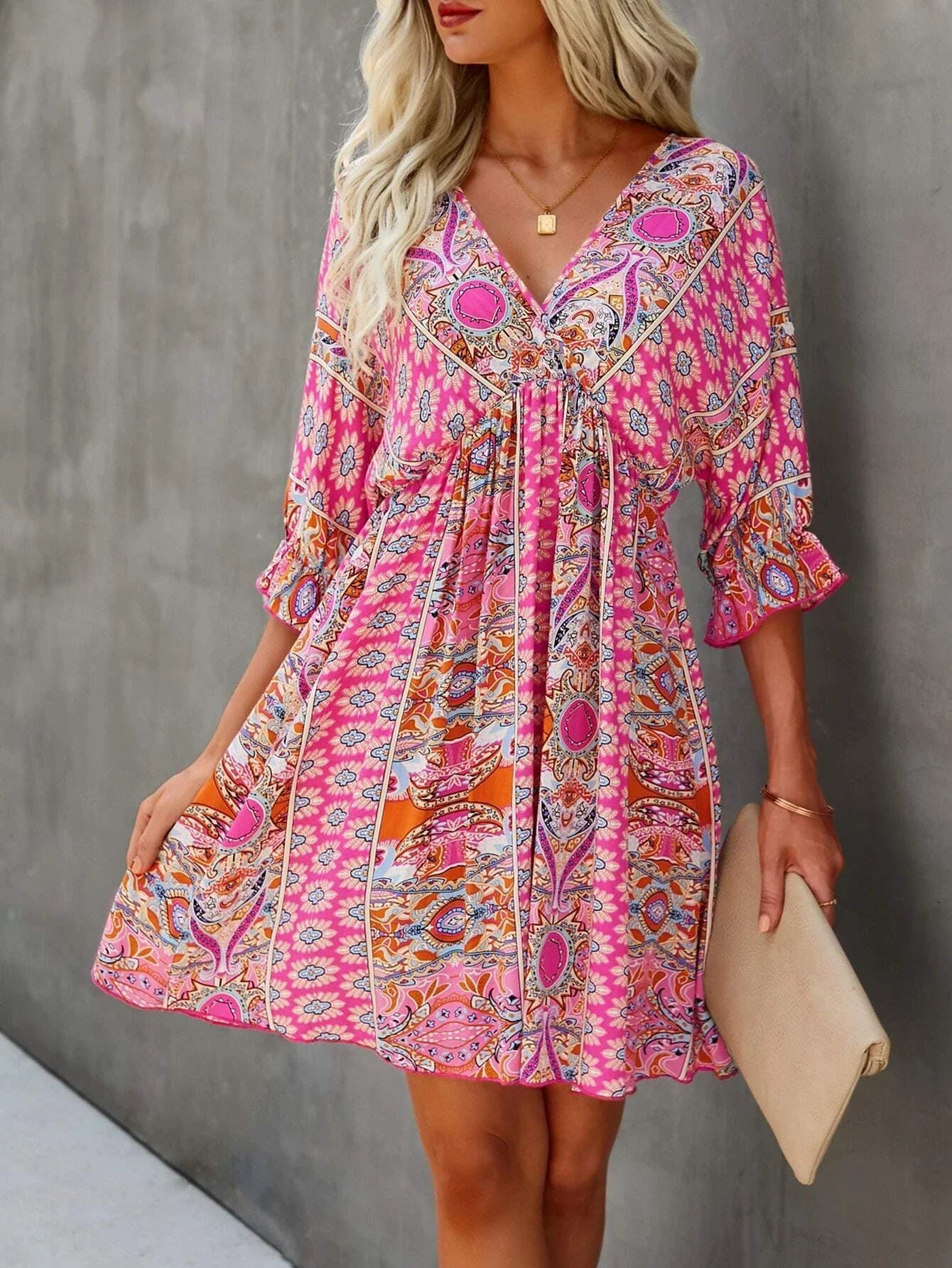 All Over Print Wrap Neck Mini Dress