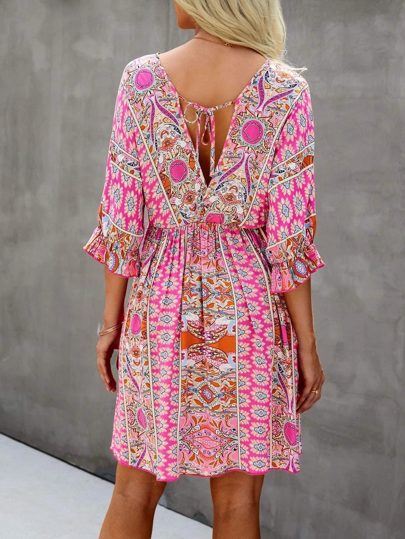 All Over Print Wrap Neck Mini Dress