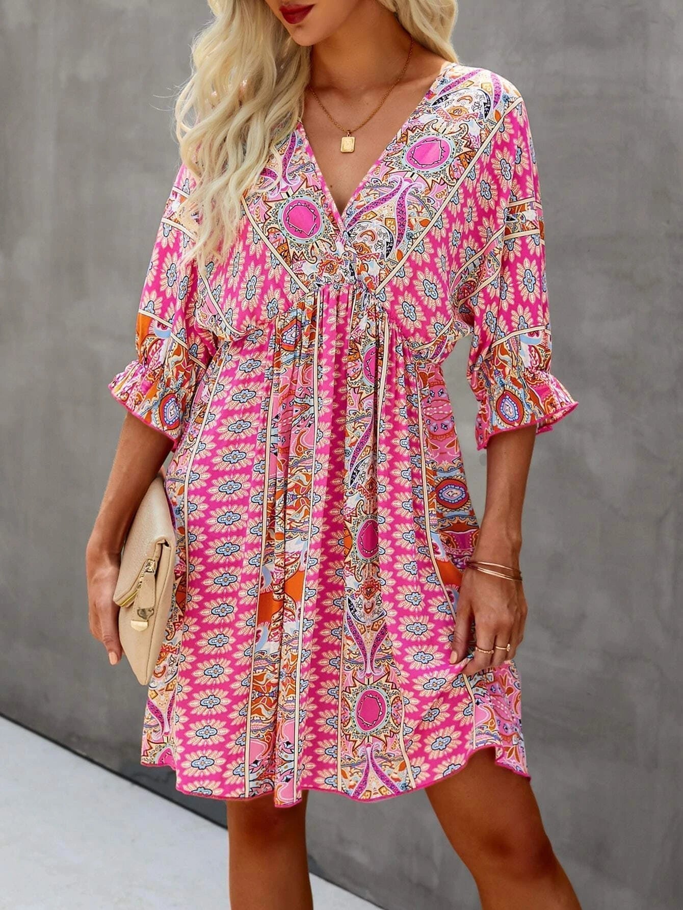 All Over Print Wrap Neck Mini Dress