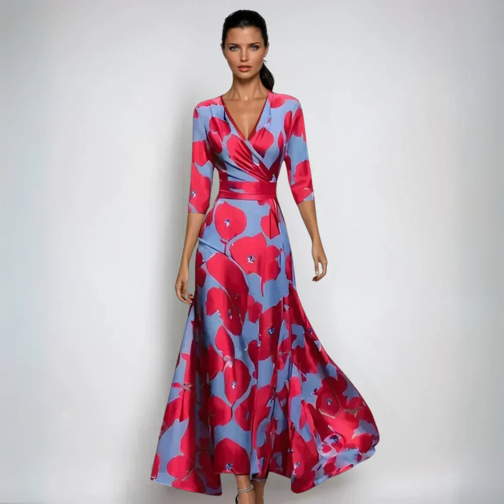 Floral Satin V-Neck Wrap Maxi Dress Wedding Guest