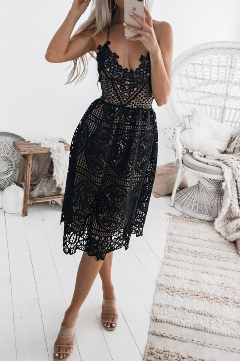 Lace Deep V-Neck Spaghetti Strap Scalloped Hem A-Line Midi Dress
