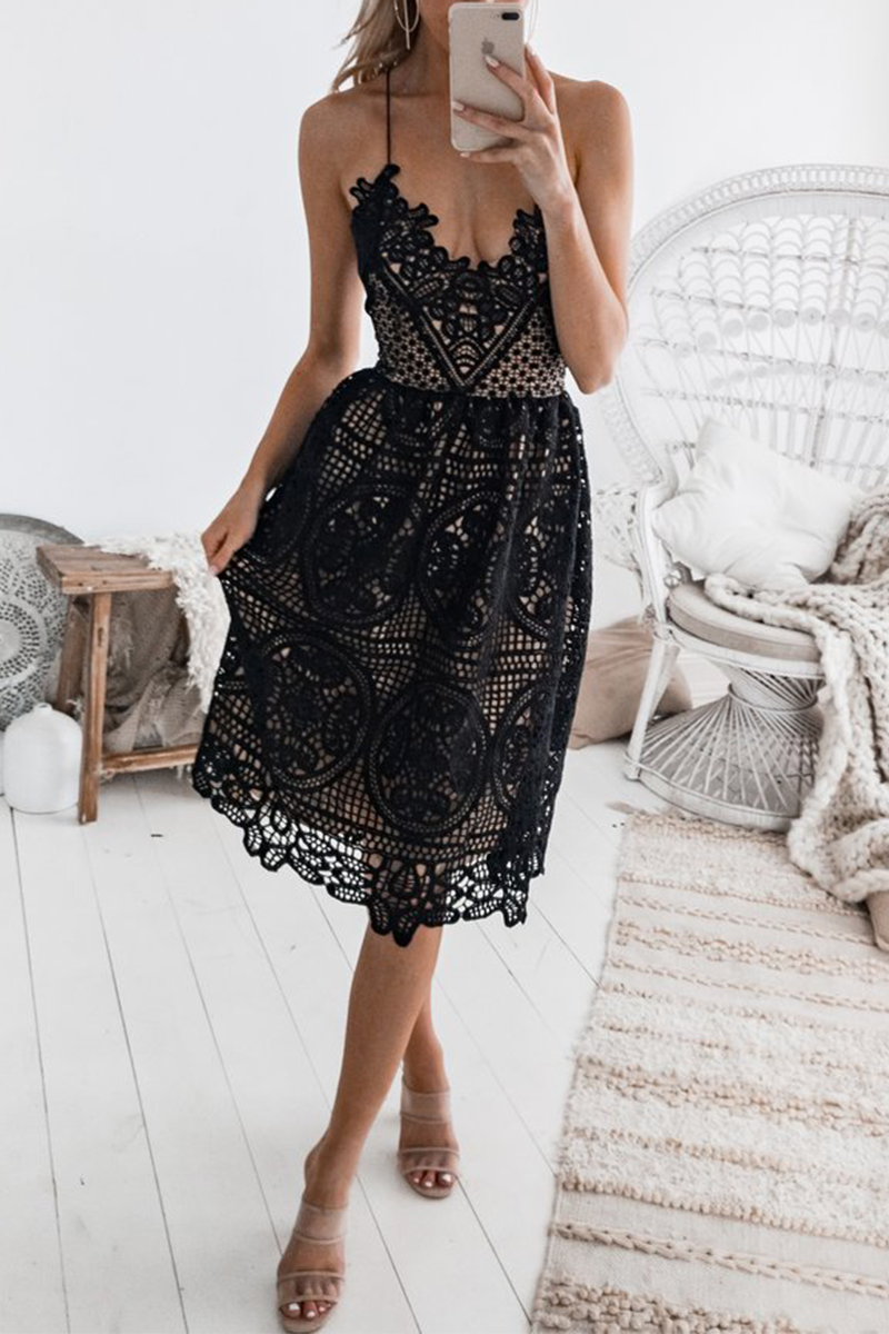 Lace Deep V-Neck Spaghetti Strap Scalloped Hem A-Line Midi Dress