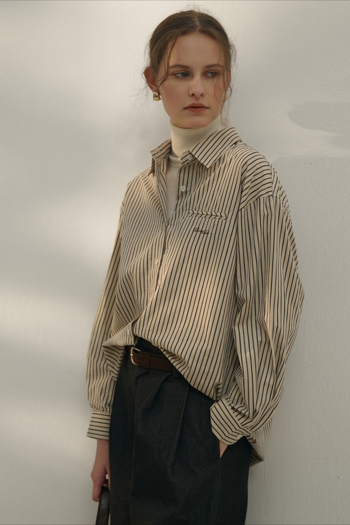 Striped Collared Long Sleeve Chest Pocket Oversized Shirt 3