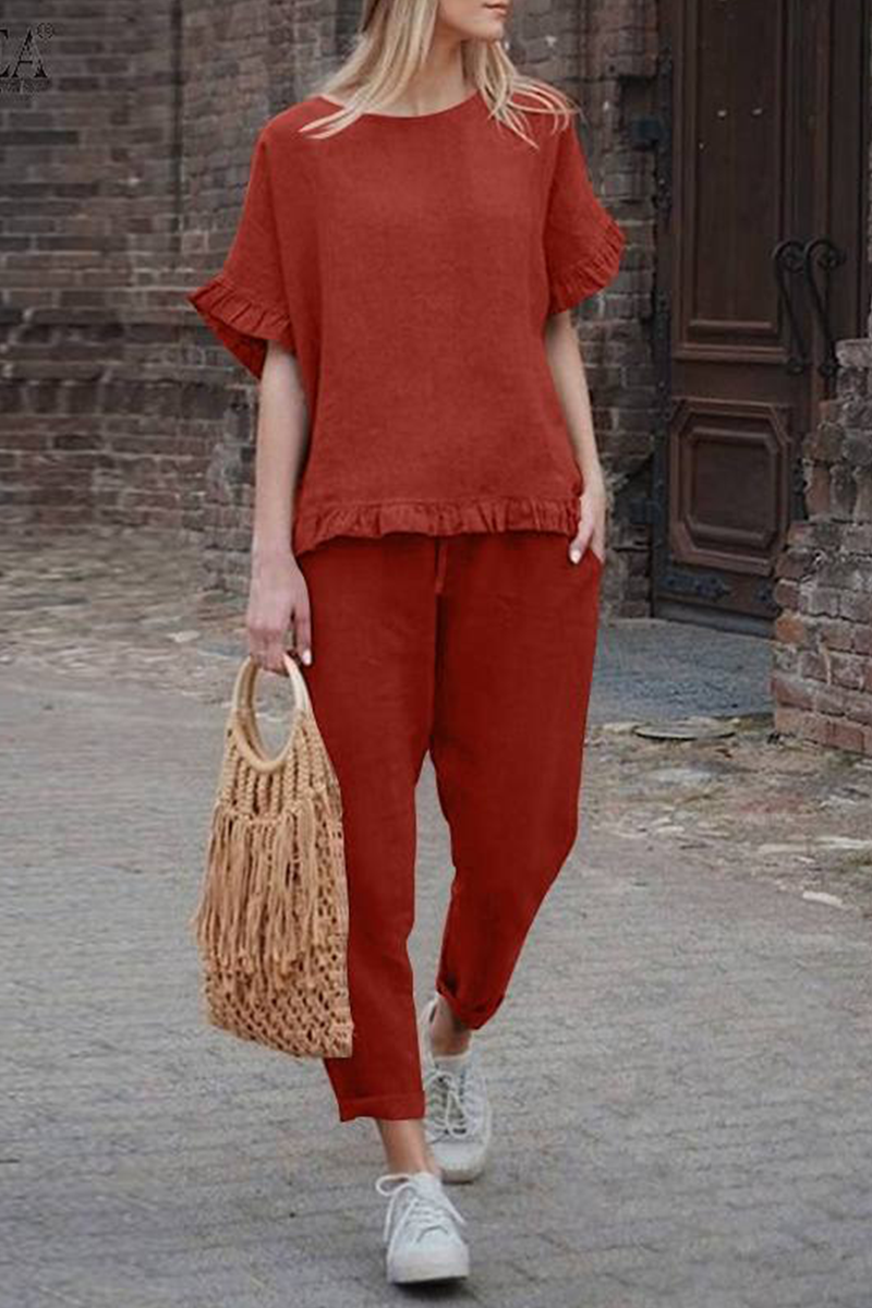Solid Ruffles Hem Blouse Pants Set