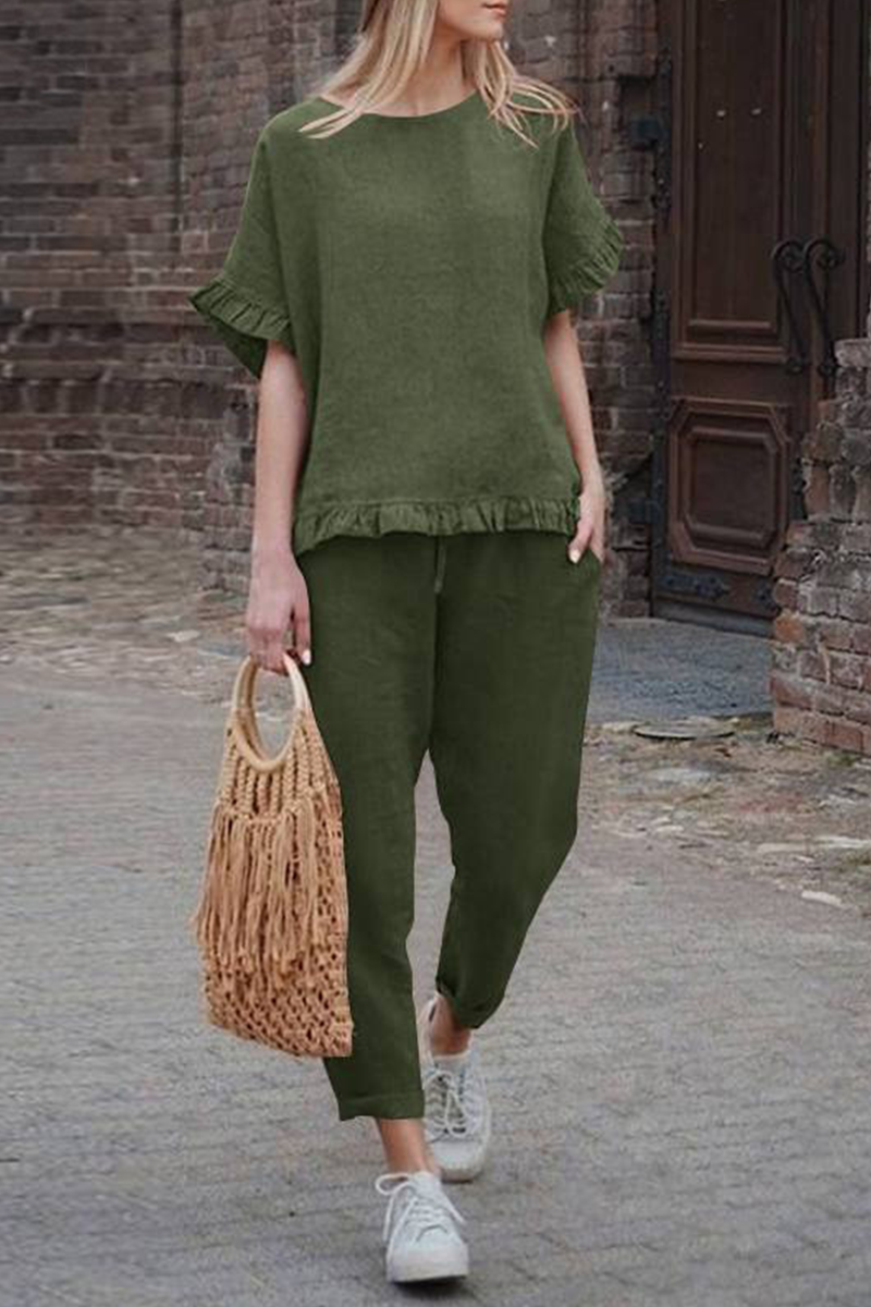 Solid Ruffles Hem Blouse Pants Set
