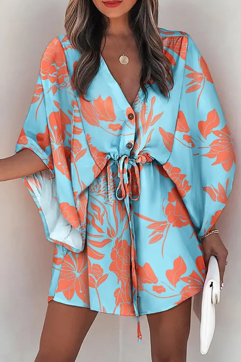 V-Neck Button Down Kimono Sleeve Drawstring Waist Mini Dress