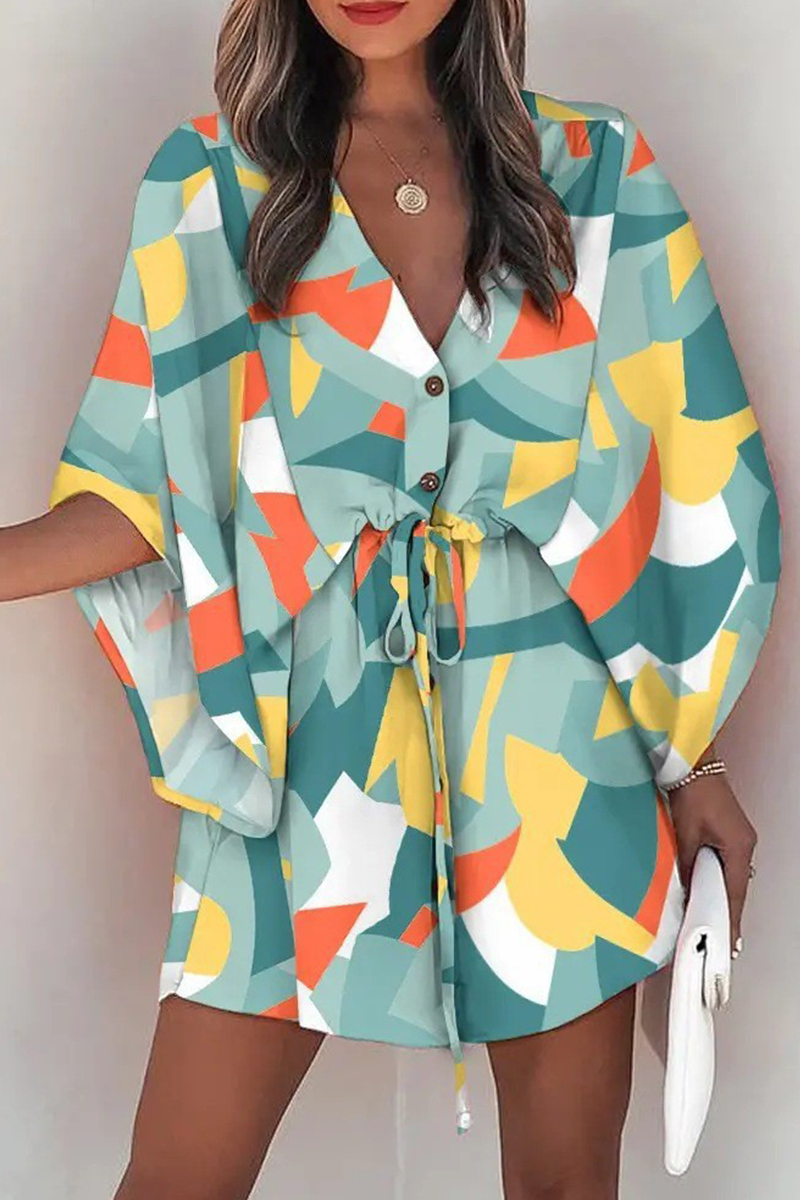 V-Neck Button Down Kimono Sleeve Drawstring Waist Mini Dress