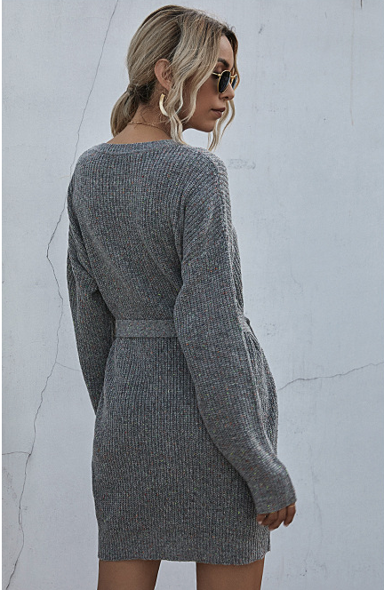 Ribbed Knit Long Batwing Sleeve Crew Neck Tie Belt Mini Sweater Dress