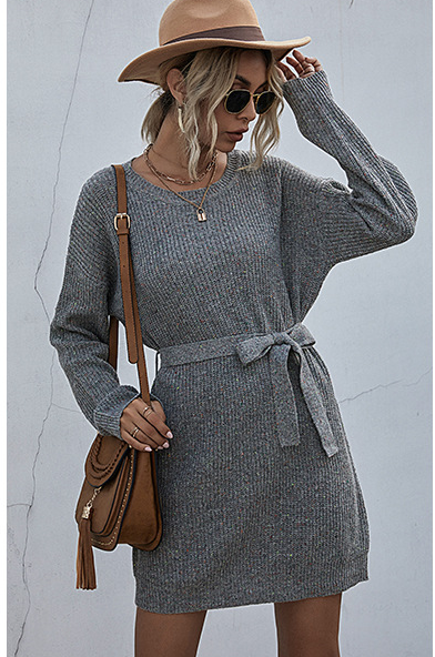 Ribbed Knit Long Batwing Sleeve Crew Neck Tie Belt Mini Sweater Dress