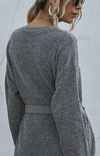 Ribbed Knit Long Batwing Sleeve Crew Neck Tie Belt Mini Sweater Dress