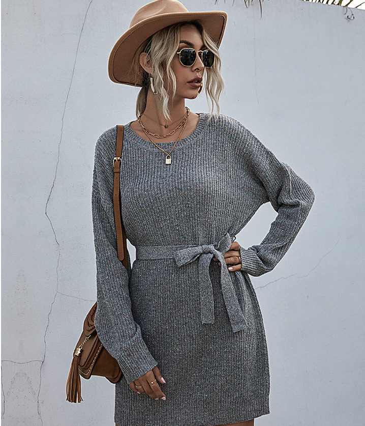 Ribbed Knit Long Batwing Sleeve Crew Neck Tie Belt Mini Sweater Dress