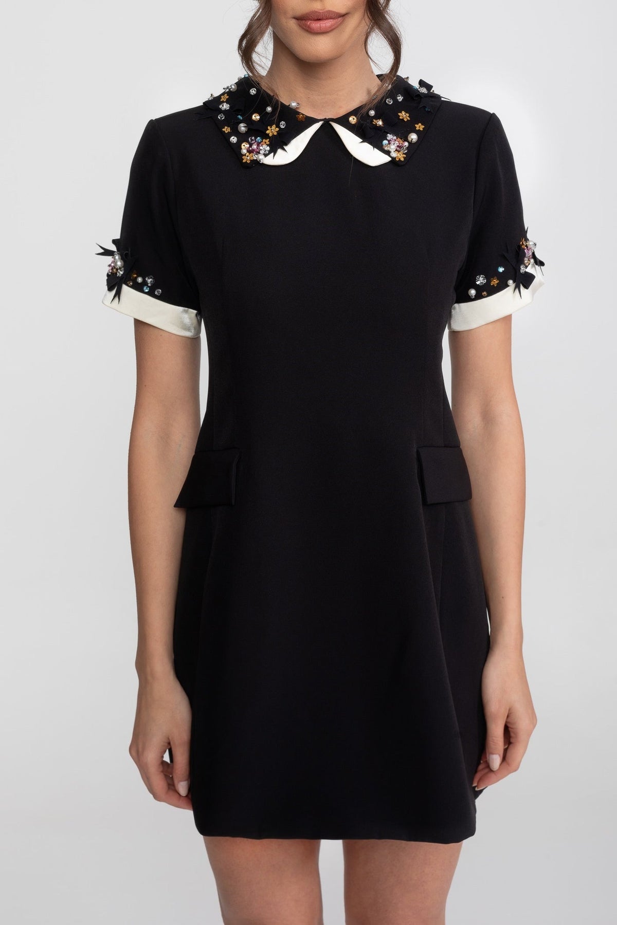 Beaded Peter Pan Collar Contrast Cuff Faux Pocket Mini Dress - View 2