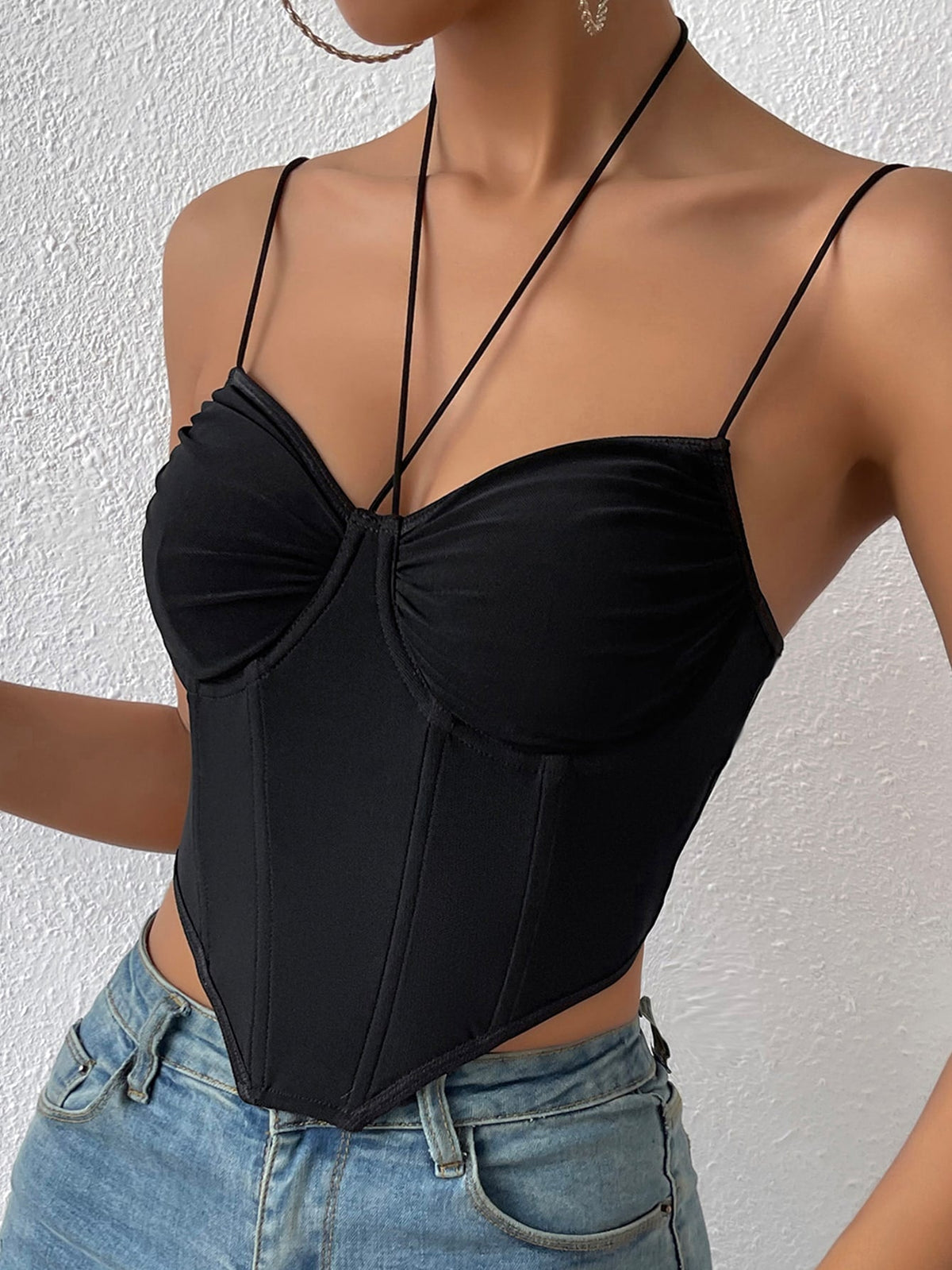 Halter Neck Ruched Mesh Cup Asymmetrical Hem Bustier Cami Crop Top 7