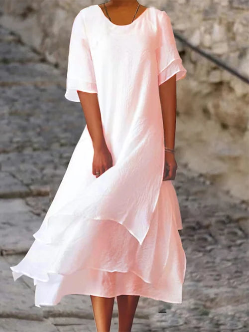 Round Neck Short Sleeve Tiered Handkerchief Hem Midi Dress