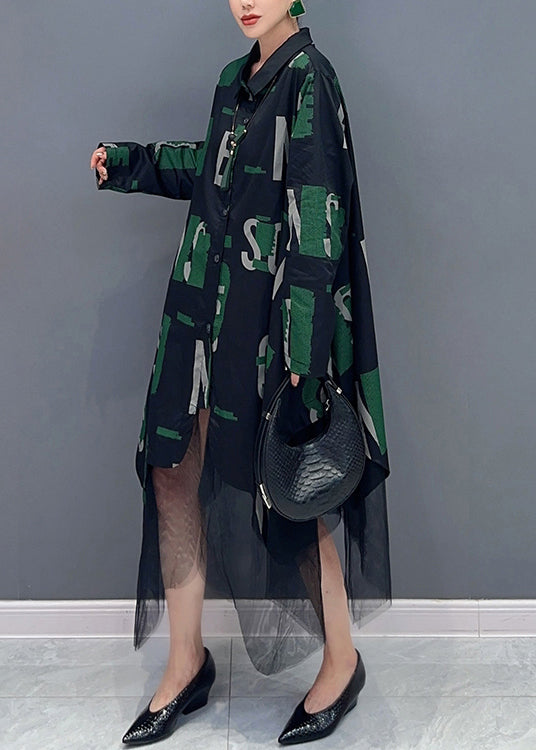 Letter Print Collared Button Down Long Sleeve Tulle Asymmetric Hem Shirt Dress