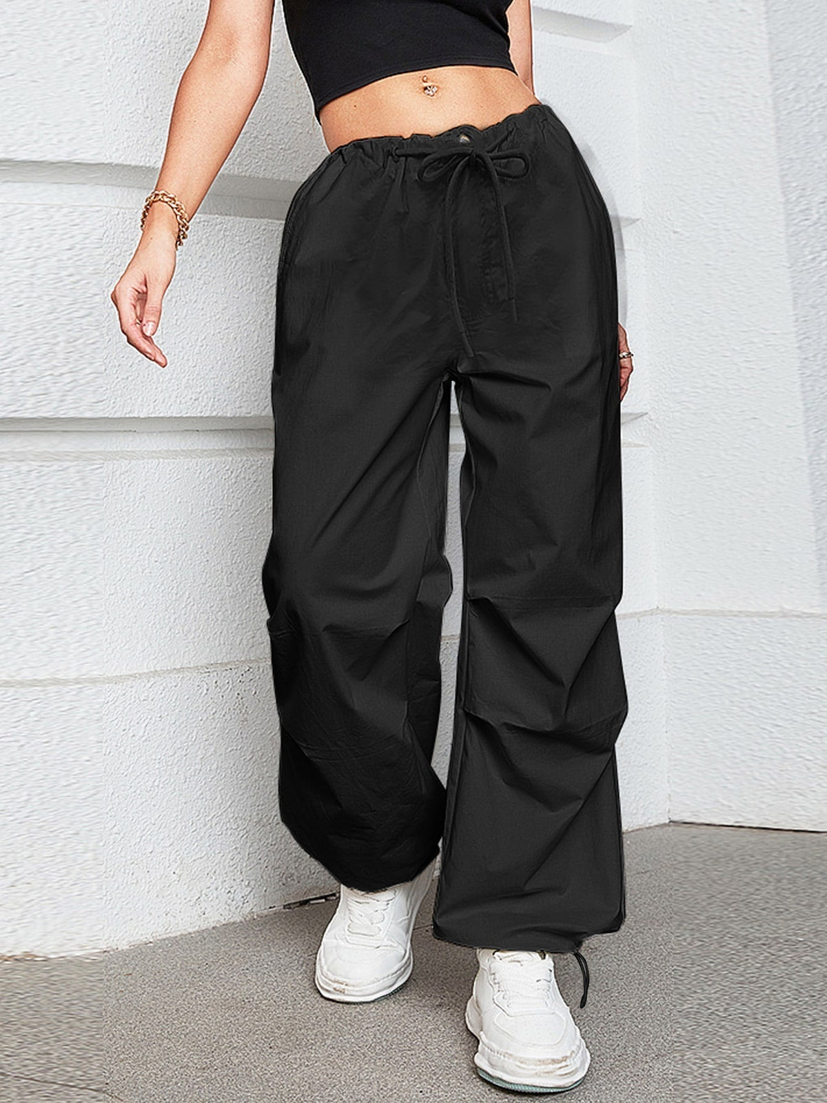 Drawstring Waist Slant Pocket Oversized Wide Leg Parachute Cargo Pants 3