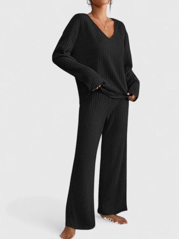 V-Neck Long Sleeve Ribbed Knit Top and Wide Leg Pants Two Piece Set