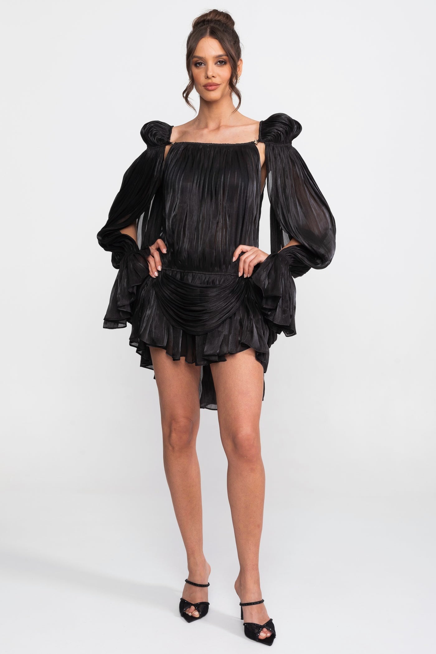 Pleated Puff Sleeve Ruffle Tier Cape Back Mini Dress - View 4