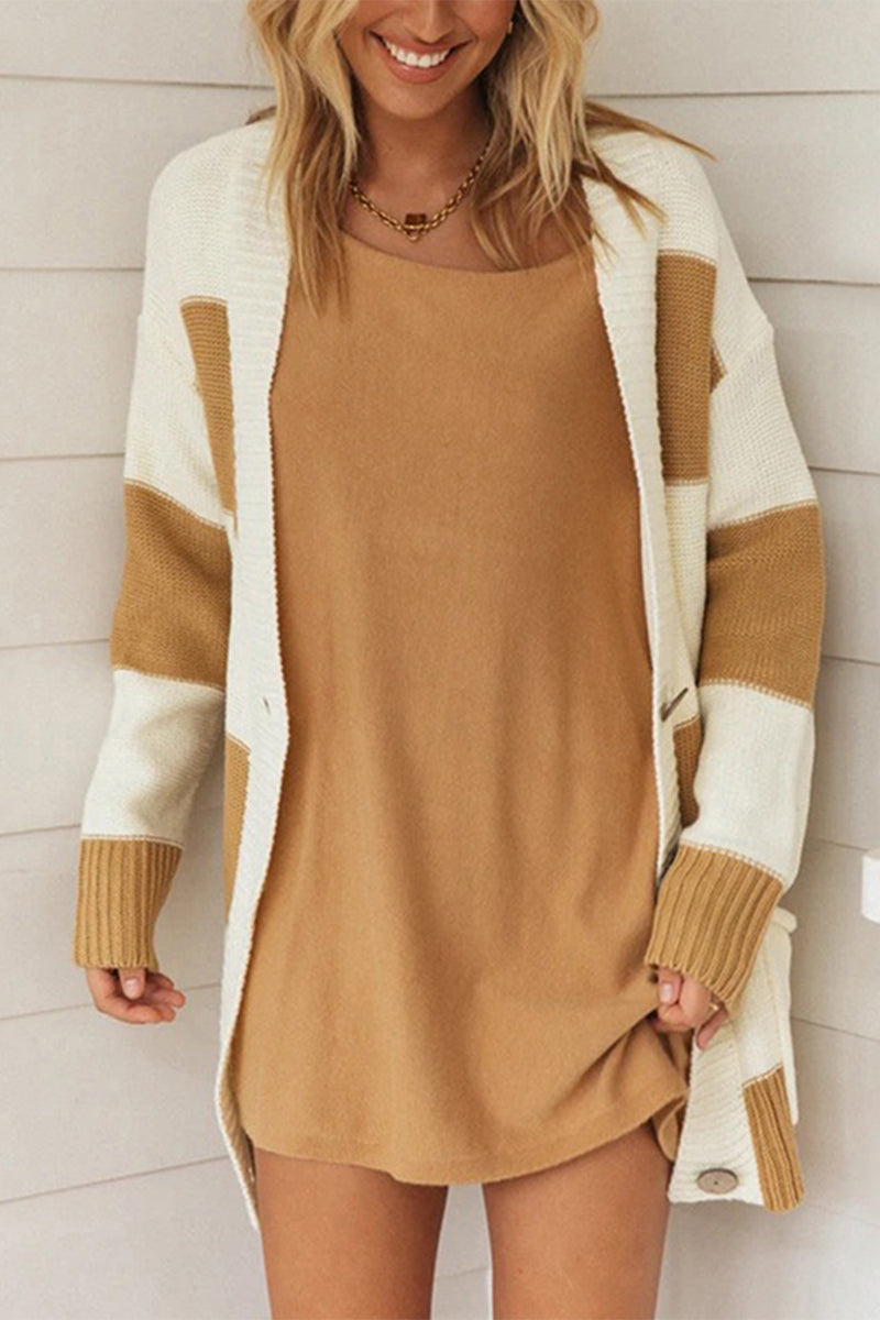 Casual Striped Patchwork Contrast Cardigan Collar Cardigans(3 Colors)