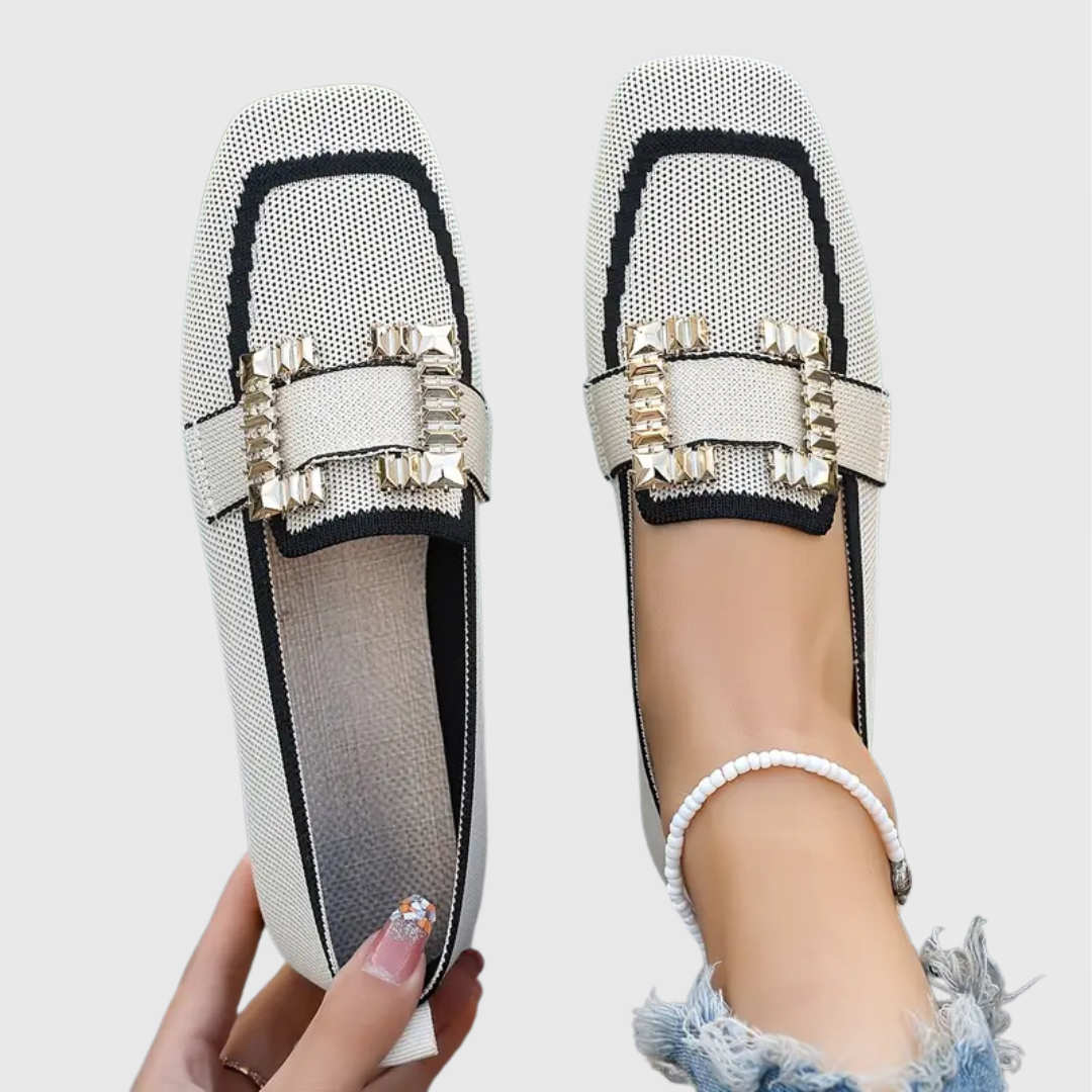 Square Toe Rhinestone Buckle Knit Flat Loafers