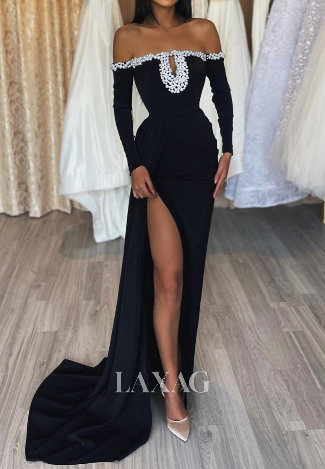 Tube Top Off-Shoulder Pearls Mermaid Prom Dress Long-Sleeves Satin High Slit Evening Gowns