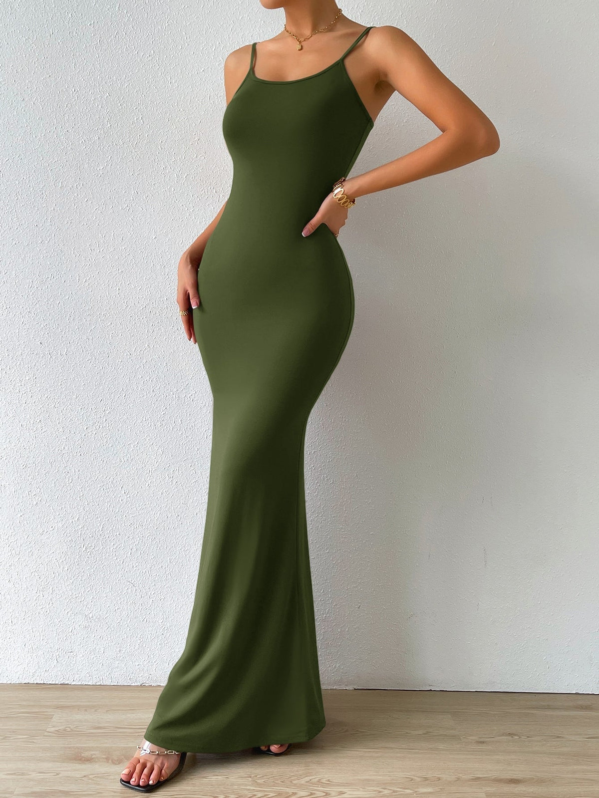 Scoop Neck Spaghetti Strap Bodycon Mermaid Hem Maxi Dress 7